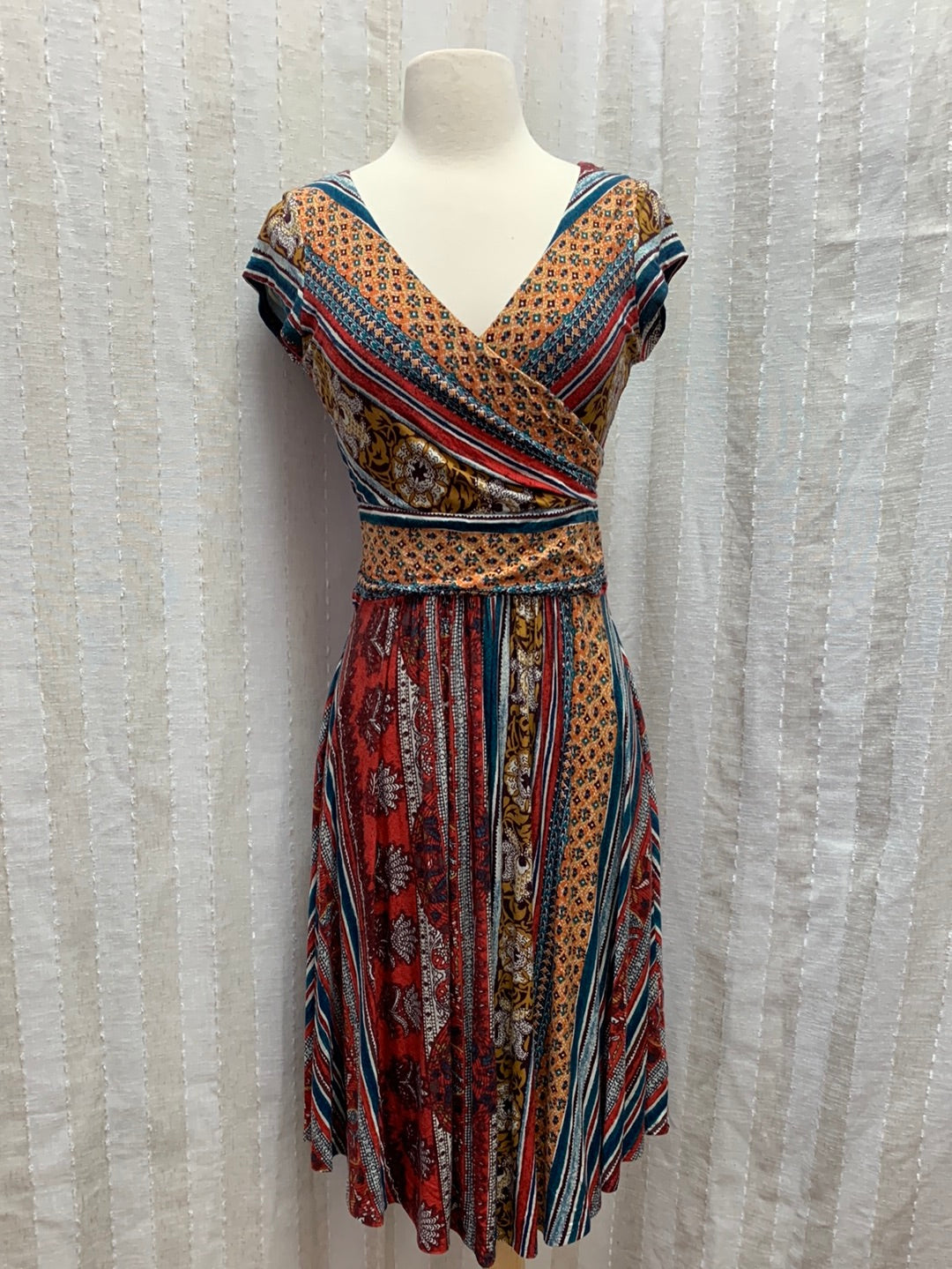 MAEVE ANTHROPOLOGIE red teal print Cap Sleeve Tamera Dress - XS