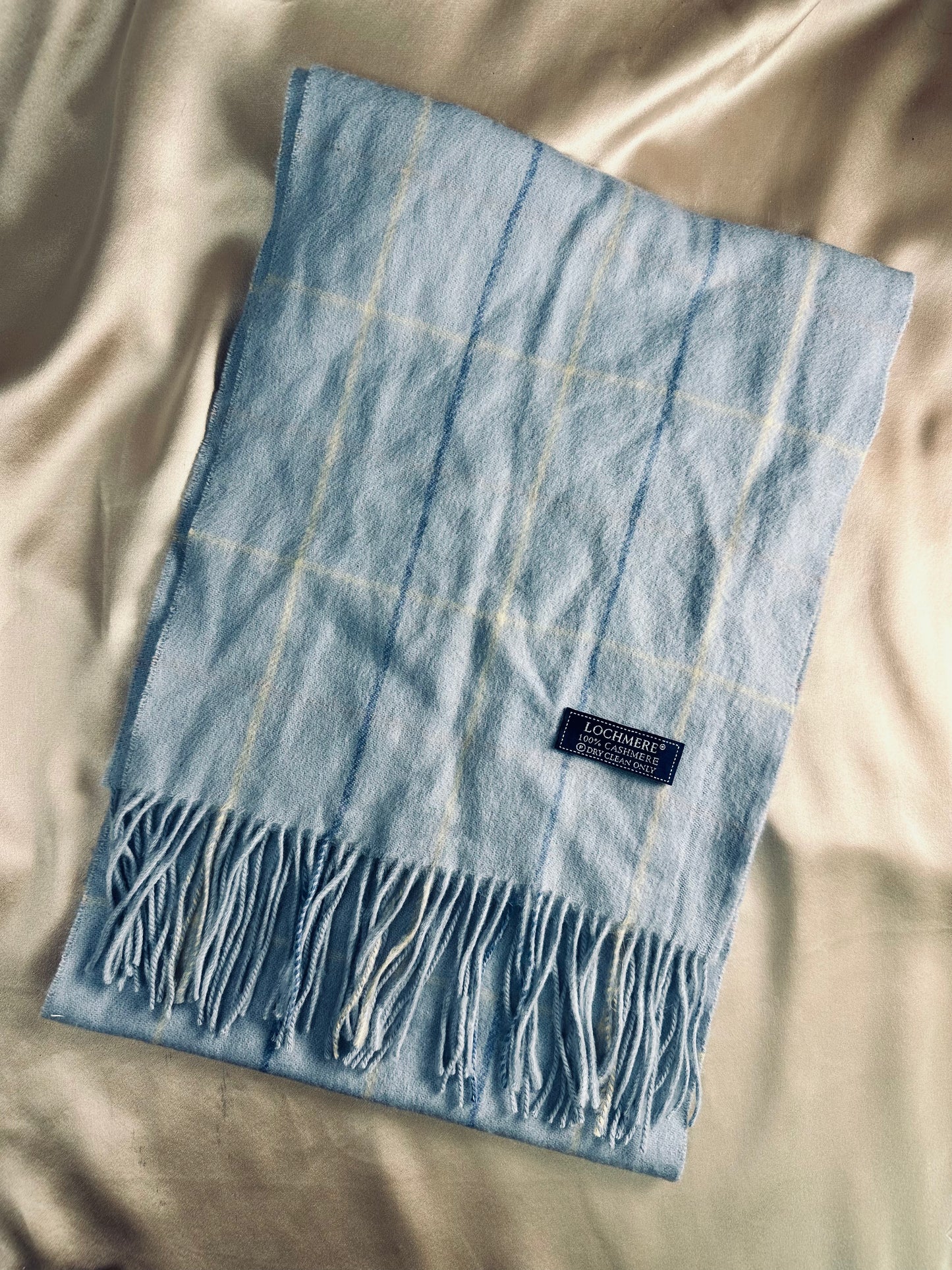 LOCHMERE light blue Plaid 100% Cashmere Fringe Scarf - 59" x 11"