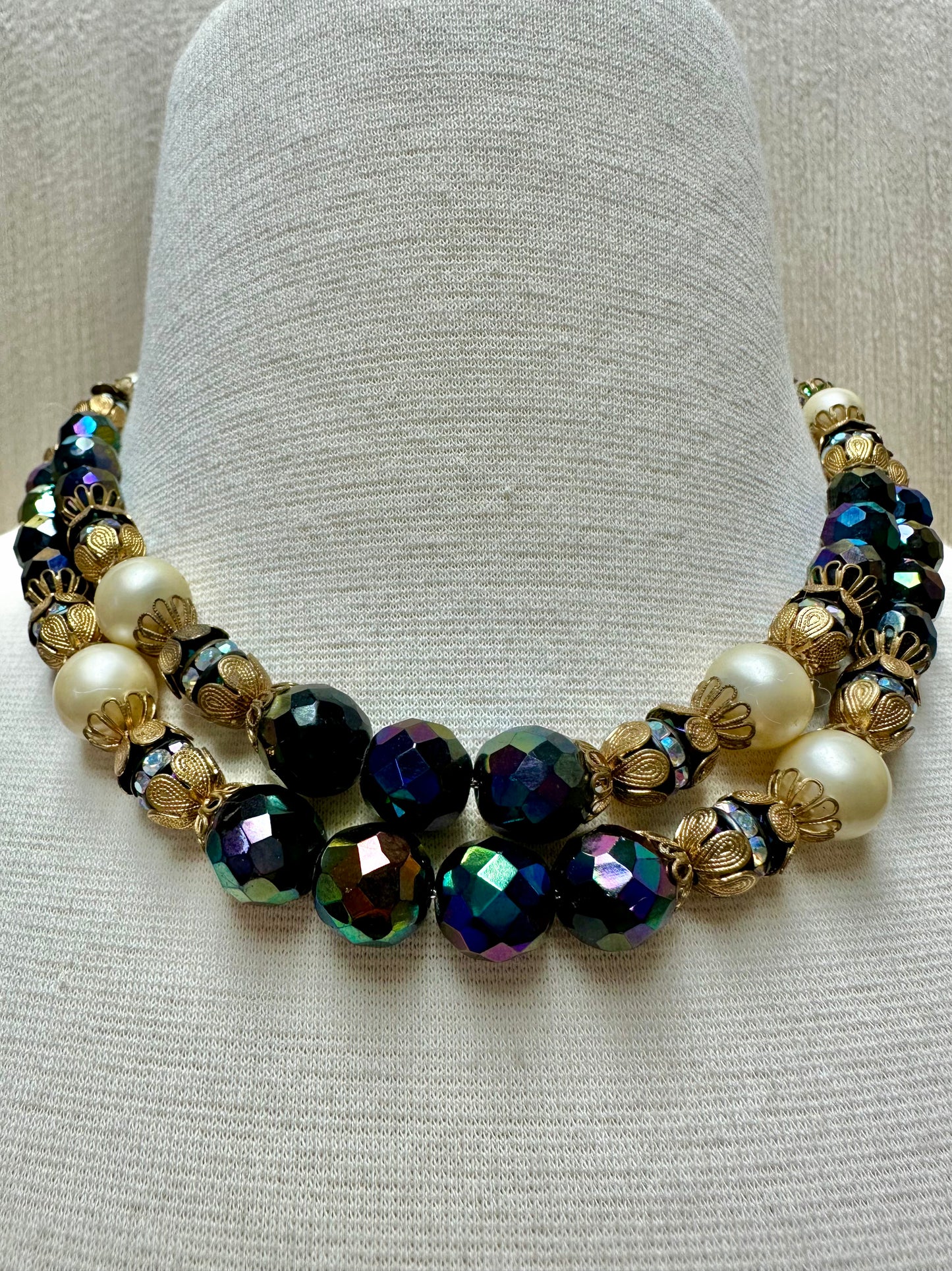 Vintage HOBE Aurora Borealis AB Crystal Pearl Double Strand Necklace - 15.5-18"