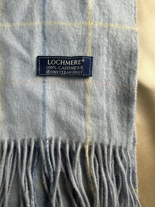 LOCHMERE light blue Plaid 100% Cashmere Fringe Scarf - 59" x 11"
