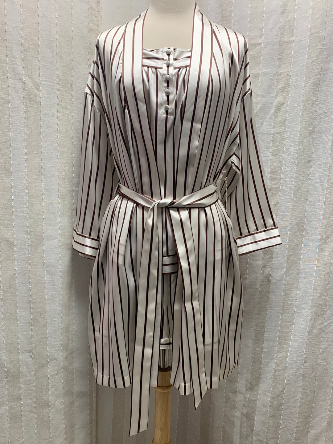 NWT - HAVEN WELL WITHIN brown stripe Washable Silk 3/4 Sleeve Robe - Medium