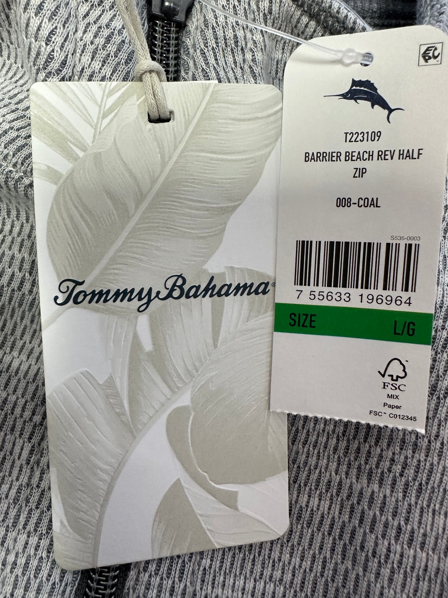 NWT - TOMMY BAHAMA gray Reversible Barrier Beach Half Zip Pullover - L