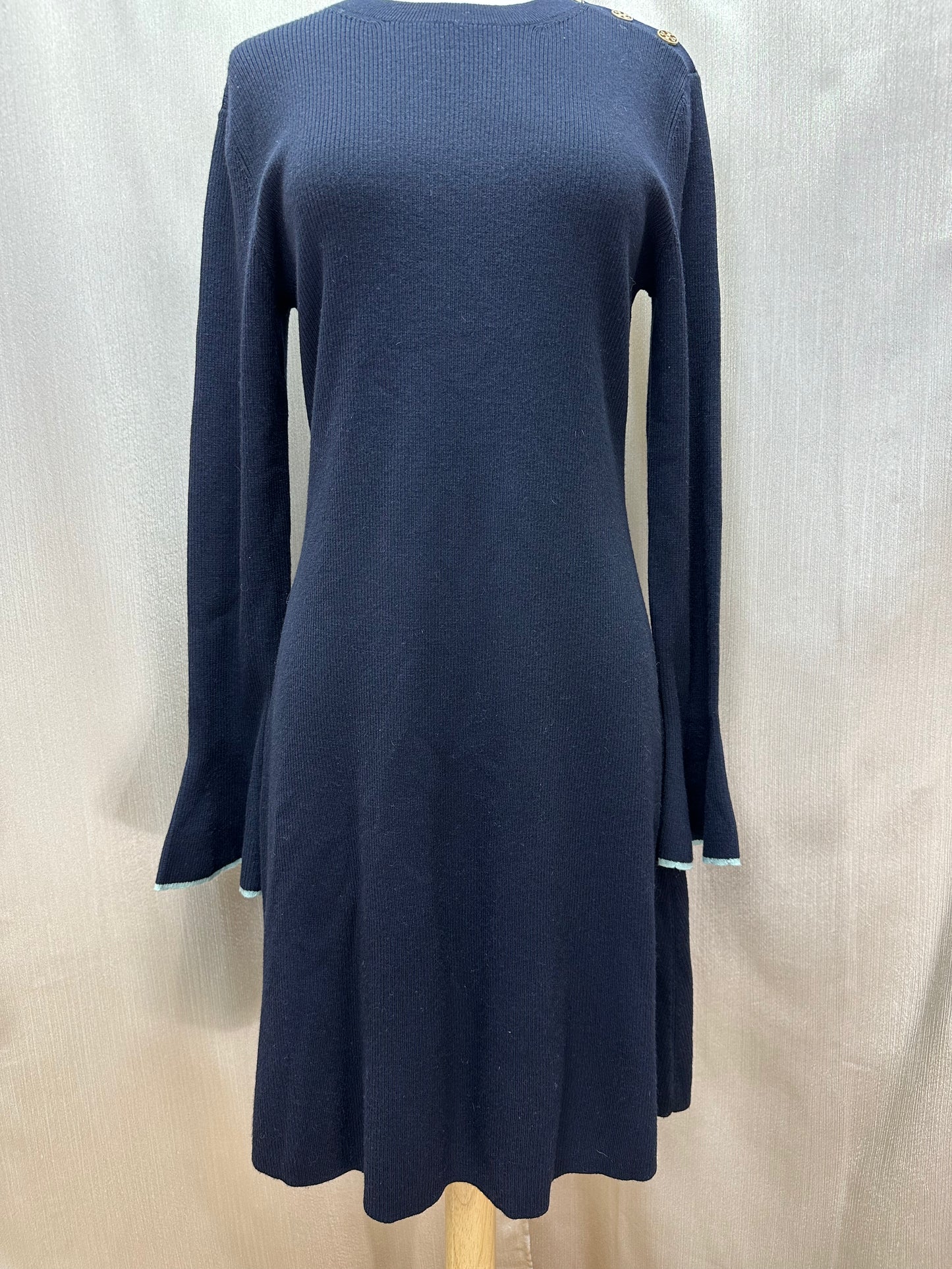 NWT - TORY BURCH navy blue Wool Blend Flare Sleeve Sweater Dress - L