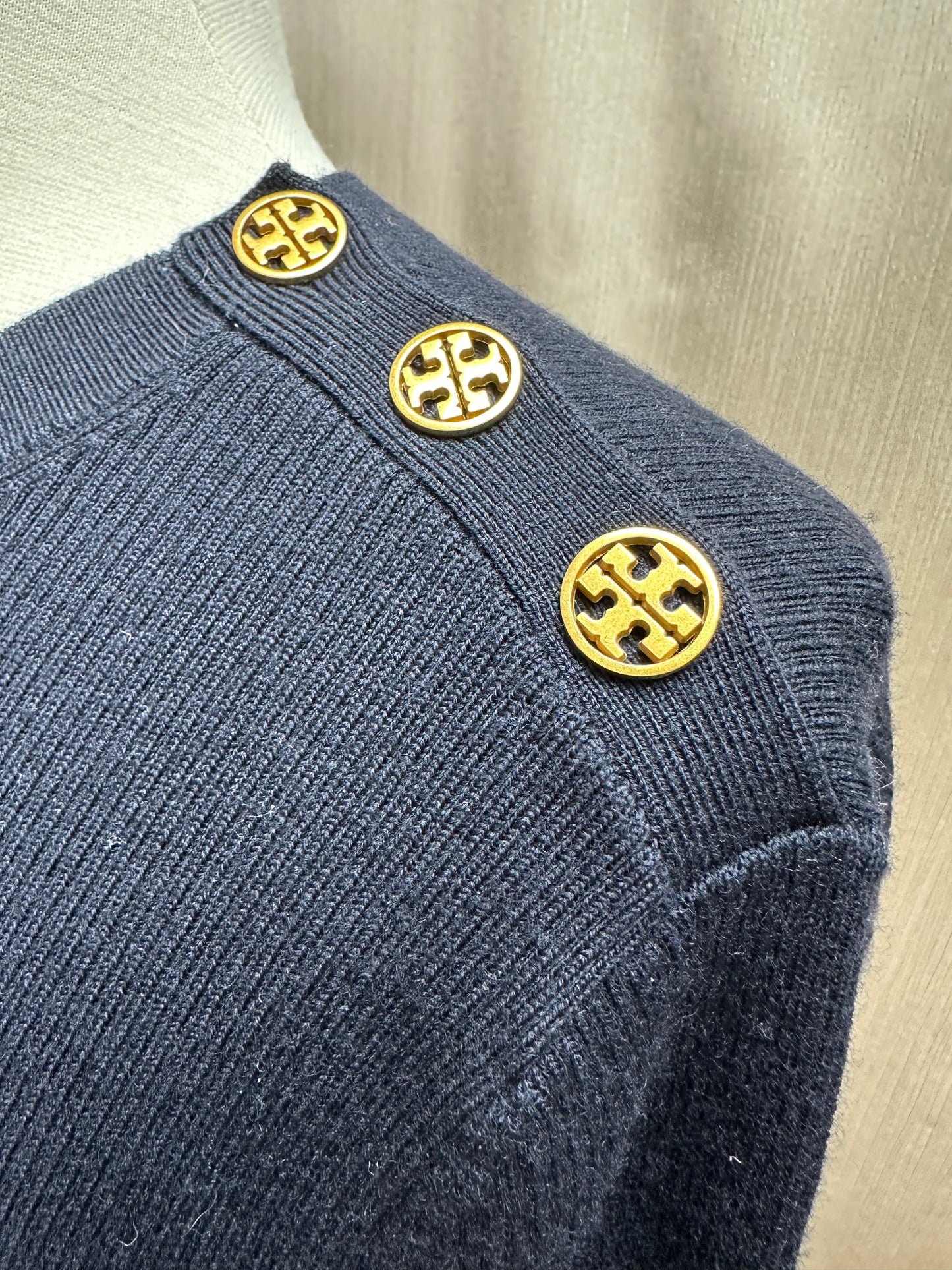 NWT - TORY BURCH navy blue Wool Blend Flare Sleeve Sweater Dress - L
