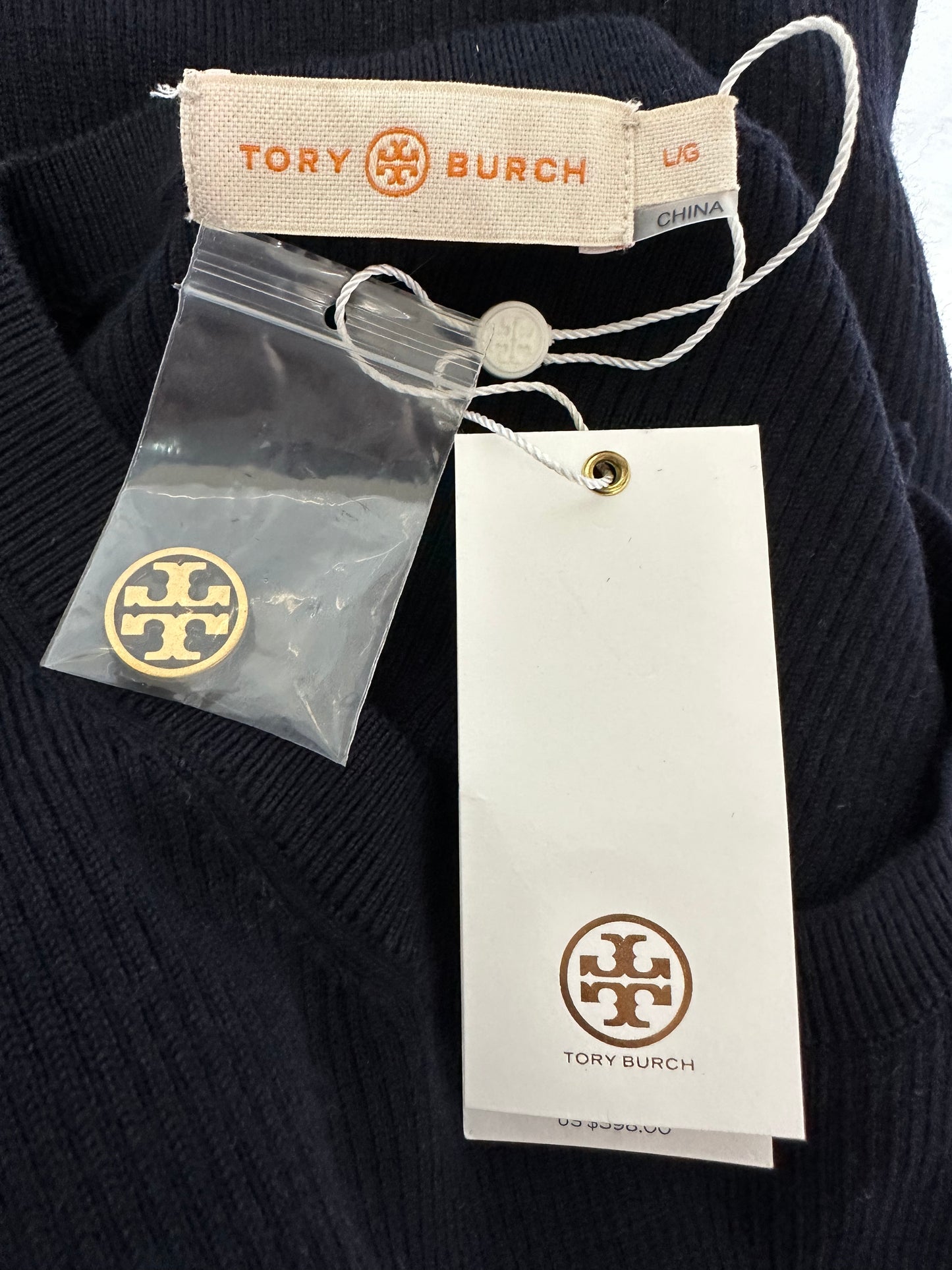 NWT - TORY BURCH navy blue Wool Blend Flare Sleeve Sweater Dress - L