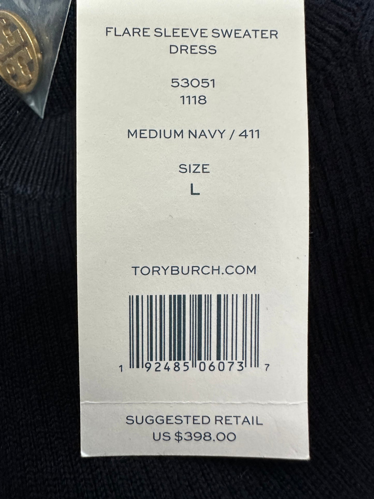 NWT - TORY BURCH navy blue Wool Blend Flare Sleeve Sweater Dress - L
