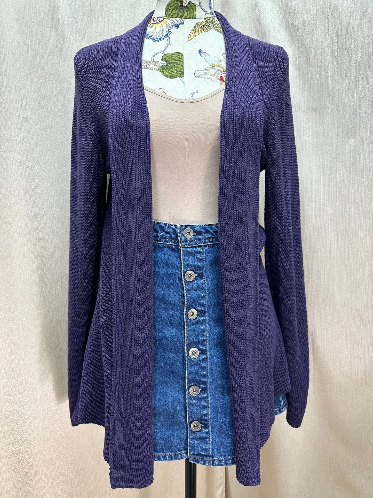 EILEEN FISHER purple Viscose Cotton Silk Blend Loose Weave Open Cardigan - M
