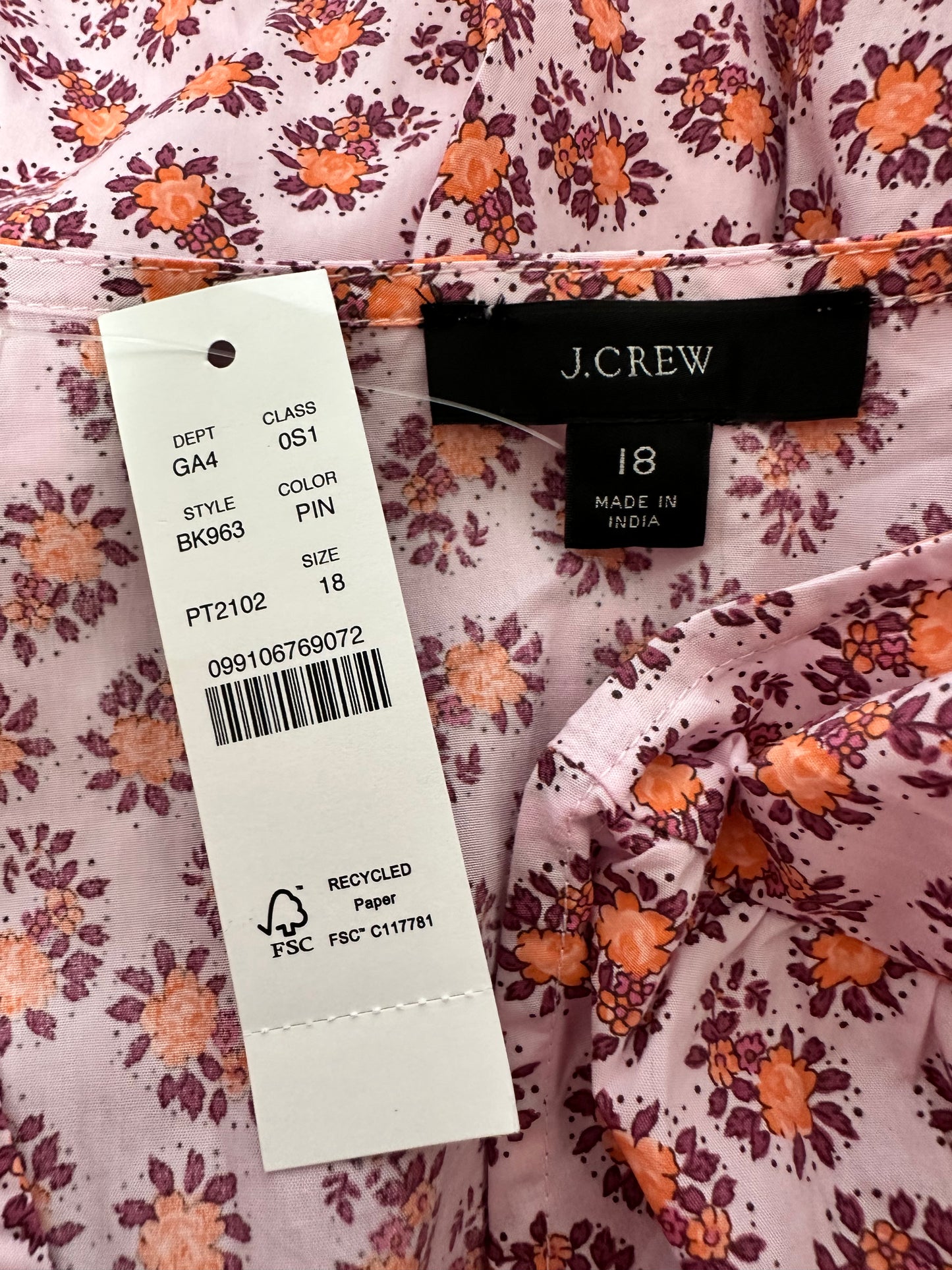 NWT - J CREW pink Floral Cotton Poplin V-Neck Puff Sleeve Gretchen Dress - 18