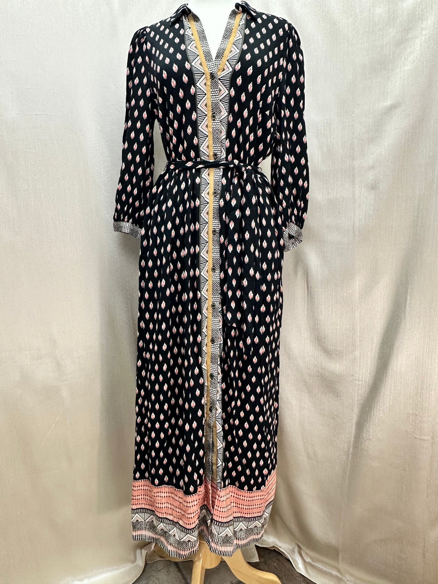 NWT - MAEVE ANTHROPOLOGIE black print Viscose Bridgette Maxi Shirt Dress - 8