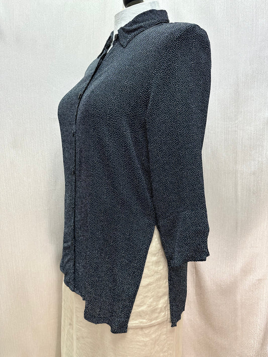LOCO LINDO black Dot Rayon Crepe 3/4 Sleeve Side Slit Button Up Top - L