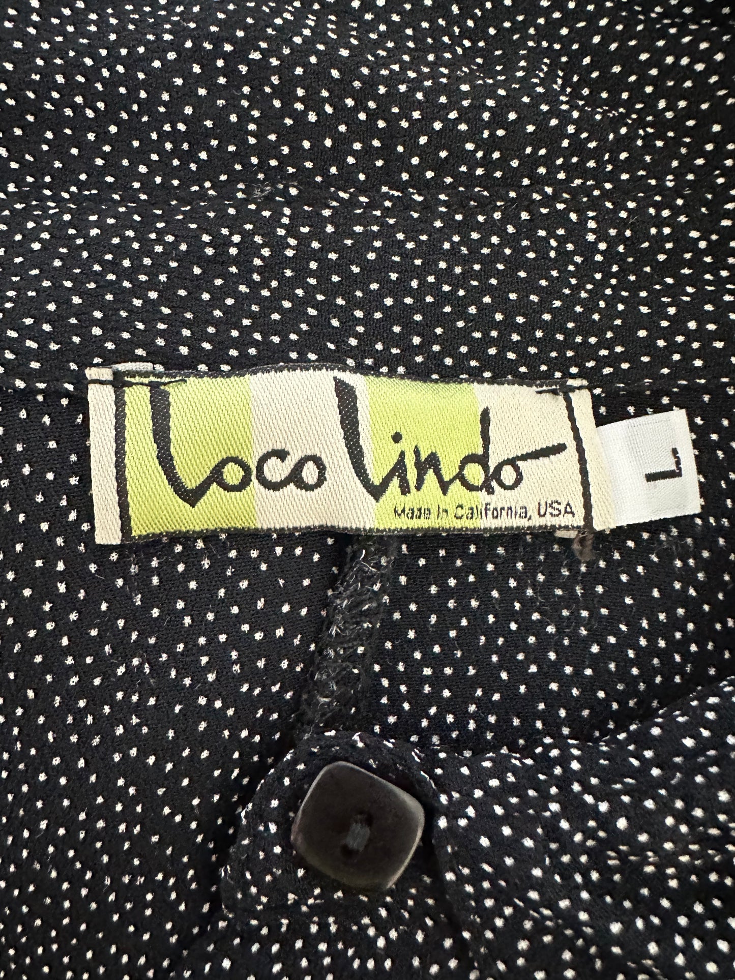 LOCO LINDO black Dot Rayon Crepe 3/4 Sleeve Side Slit Button Up Top - L
