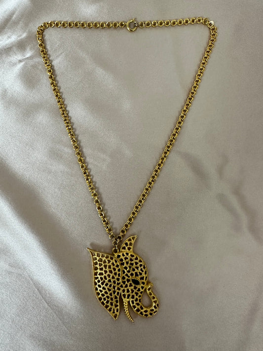 Vintage Crown TRIFARI Gold-Tone Rhinestone Eye Elephant Pendant Necklace - 20"