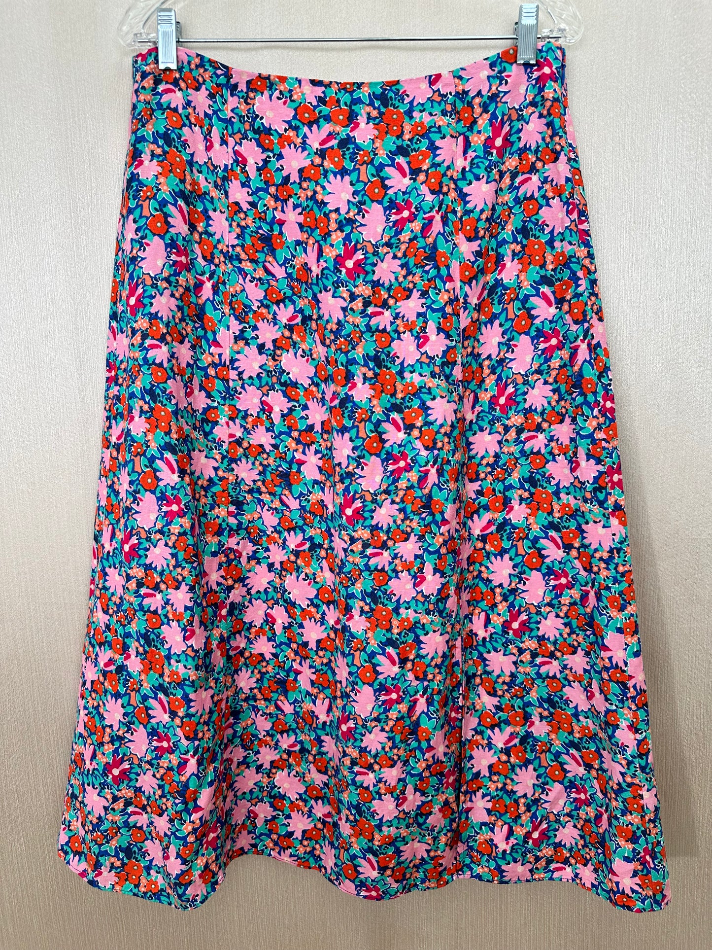 NWT- LOFT pink blue orange Floral Linen Viscose Blend Slit Midi Skirt - 8