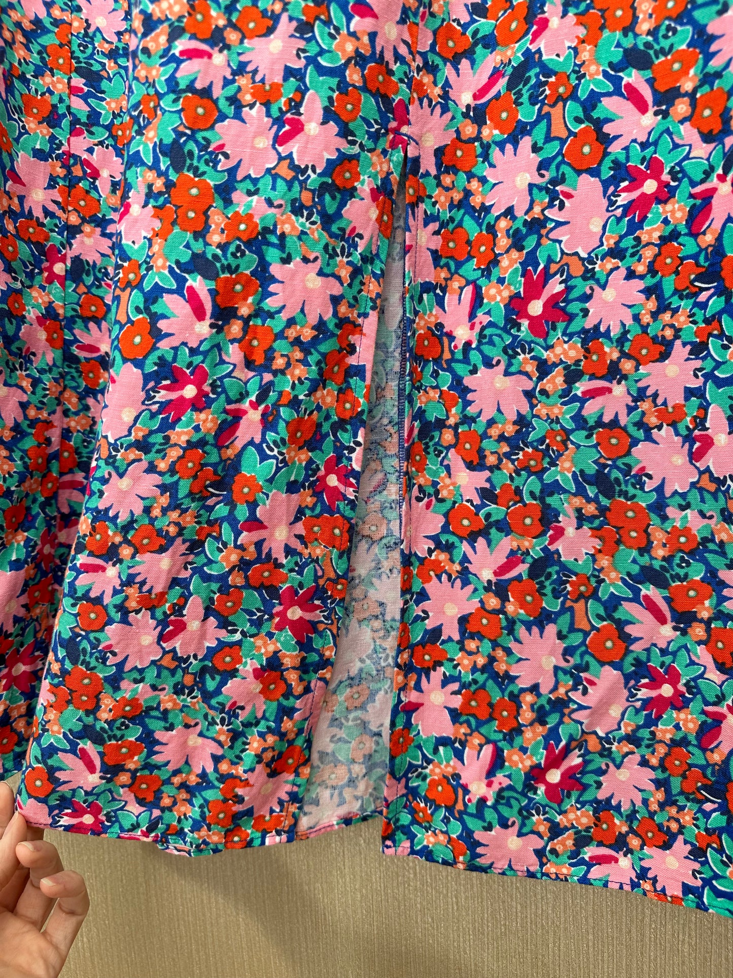 NWT- LOFT pink blue orange Floral Linen Viscose Blend Slit Midi Skirt - 8