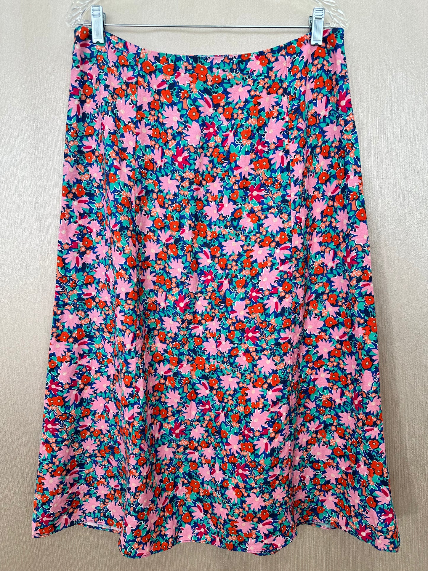NWT- LOFT pink blue orange Floral Linen Viscose Blend Slit Midi Skirt - 8