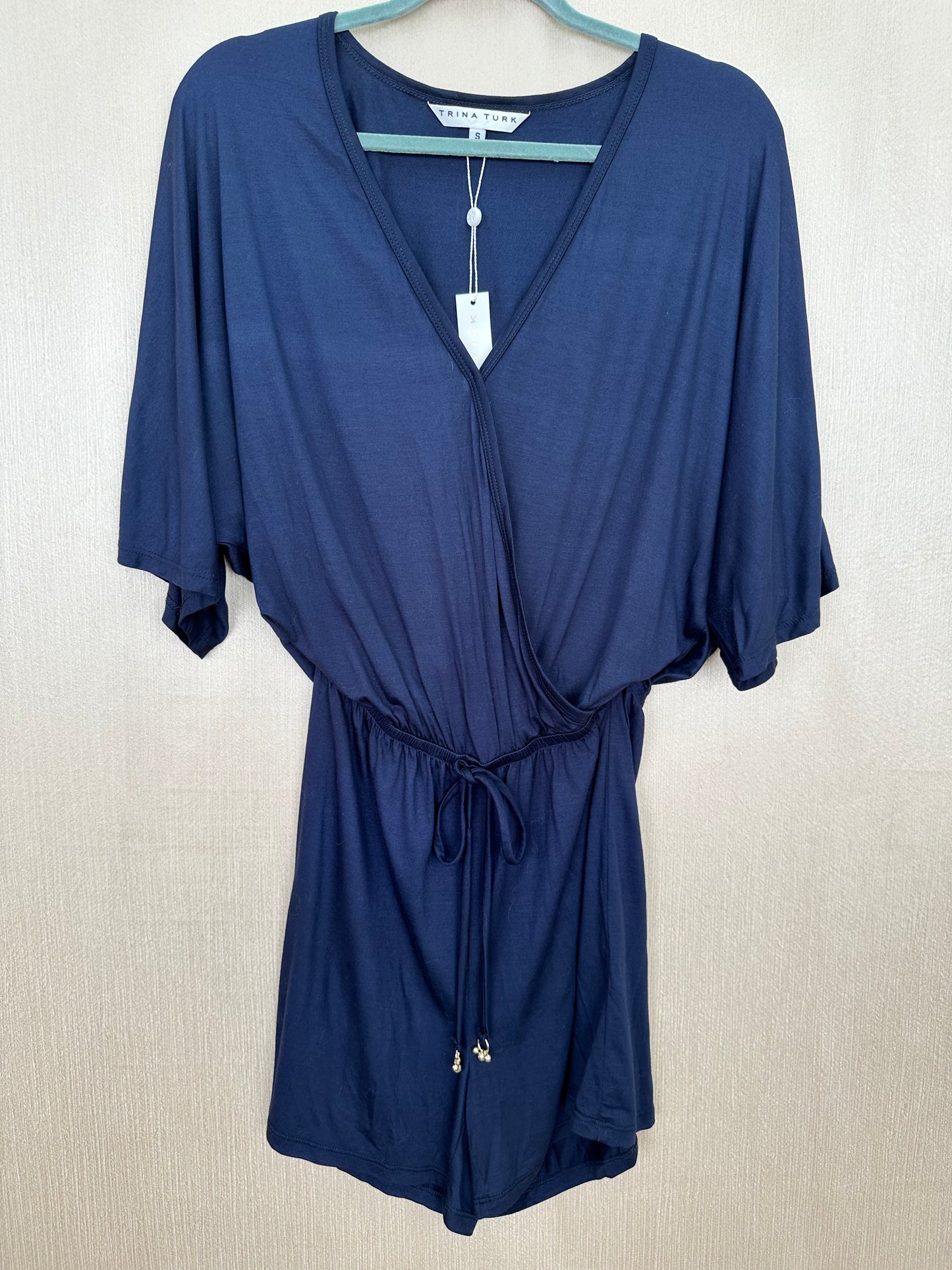 NWT - TRINA TURK navy blue Viscose Faux Wrap Dolman Sleeve Tori Romper - S