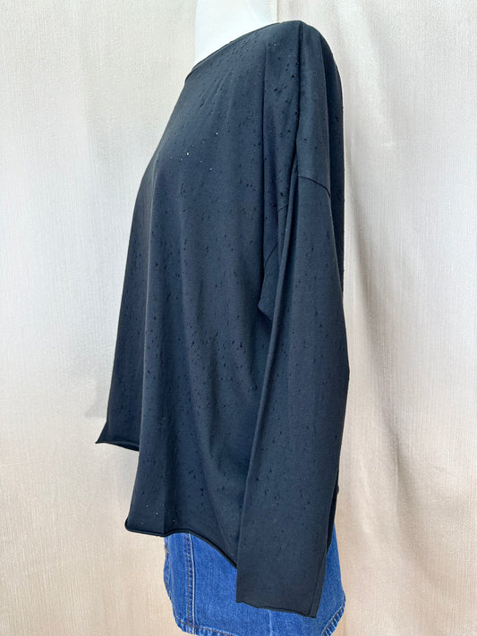 PLANET LAUREN G black Pima Cotton Distressed Perforated Top - One Size