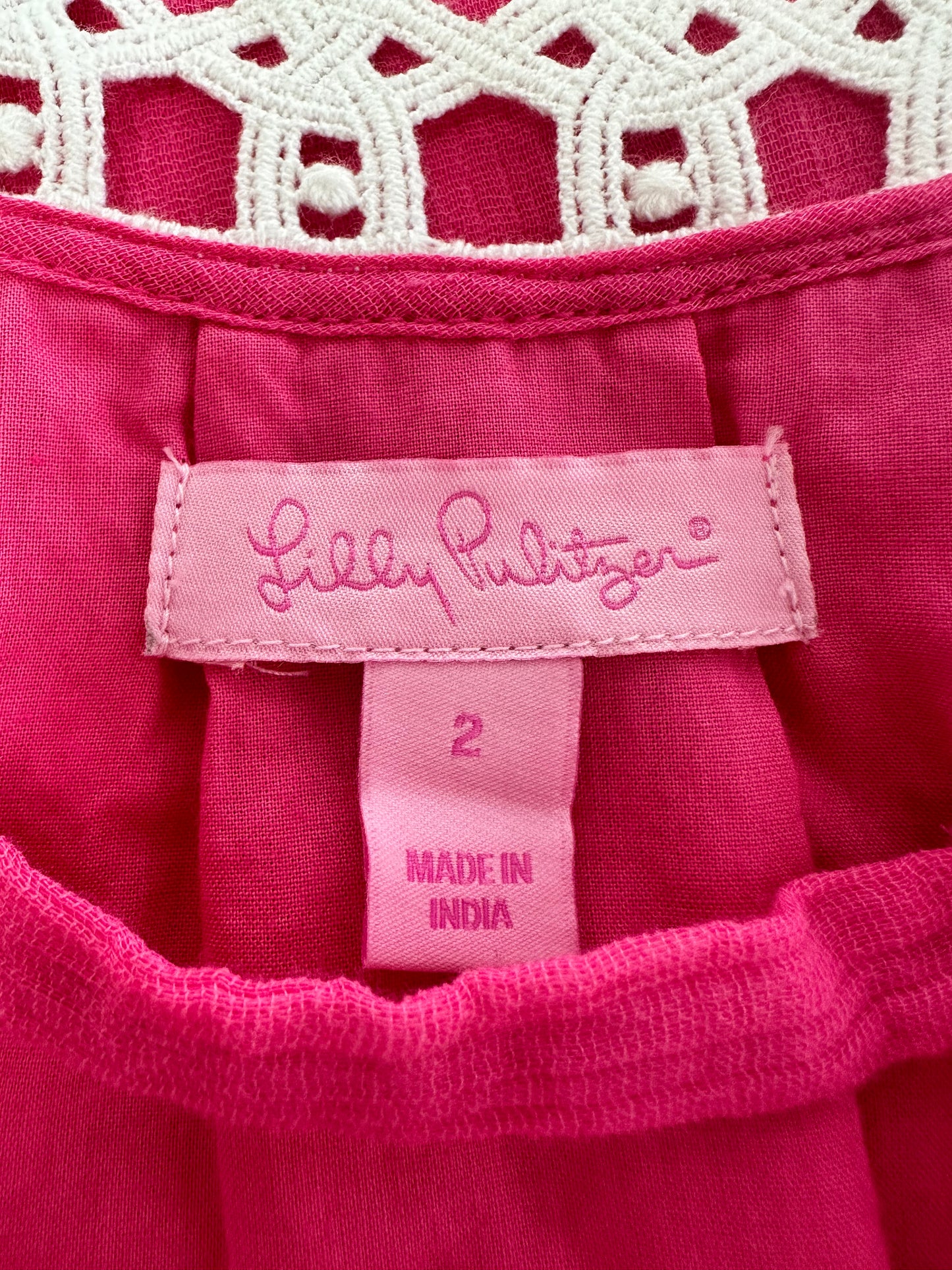 LILLY PULITZER pink white Lace Top Lined Gauze Flowy / Belted Dress - 2