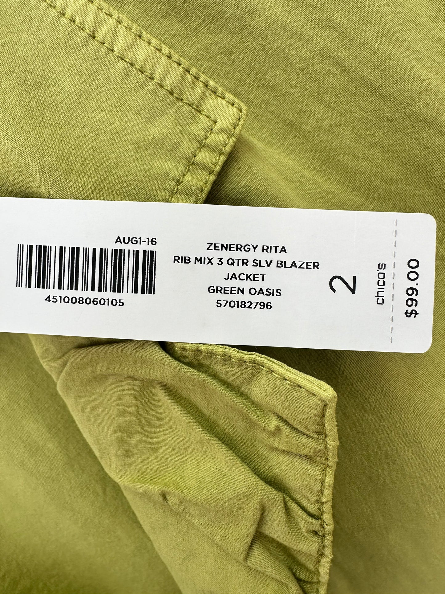 NWT - CHICOS ZENERY green Rib Mix 3/4 Sleeve Rita Blazer Jacket - 2 | US 12 / L