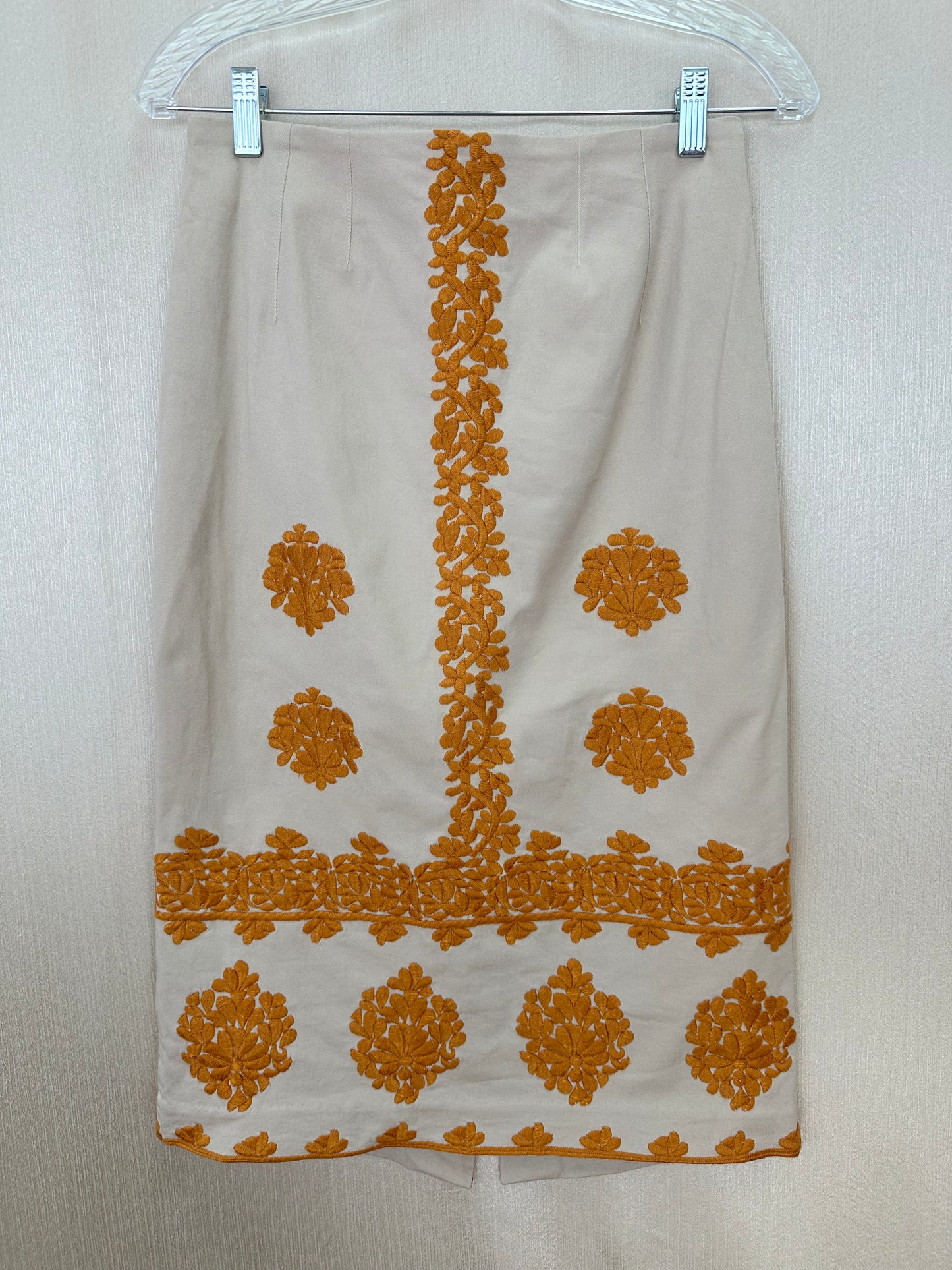NWT - ANTHROPOLOGIE khaki orange Embroidered Midi Pencil Verona Skirt - US 4