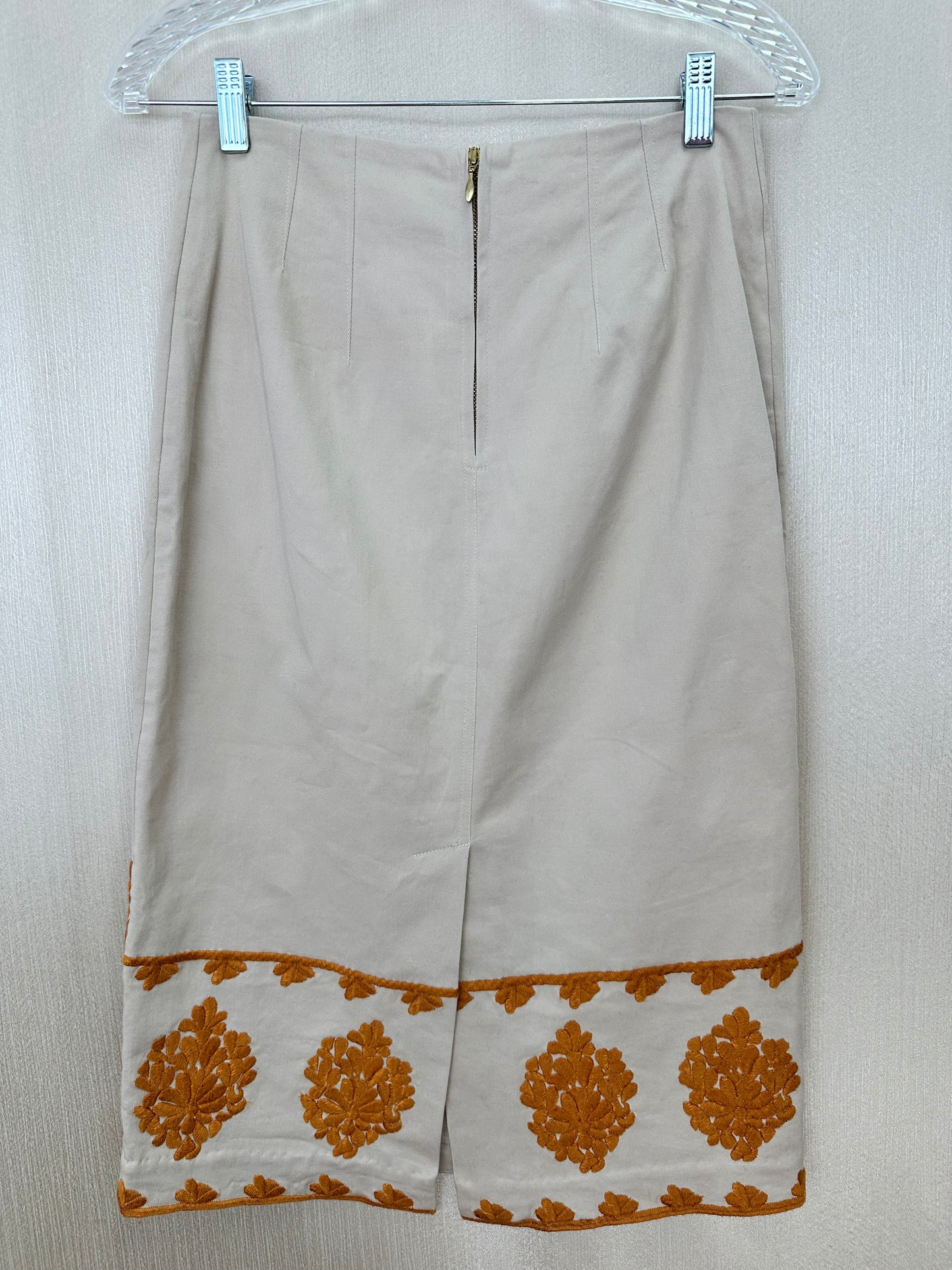 NWT - ANTHROPOLOGIE khaki orange Embroidered Midi Pencil Verona Skirt - US 4