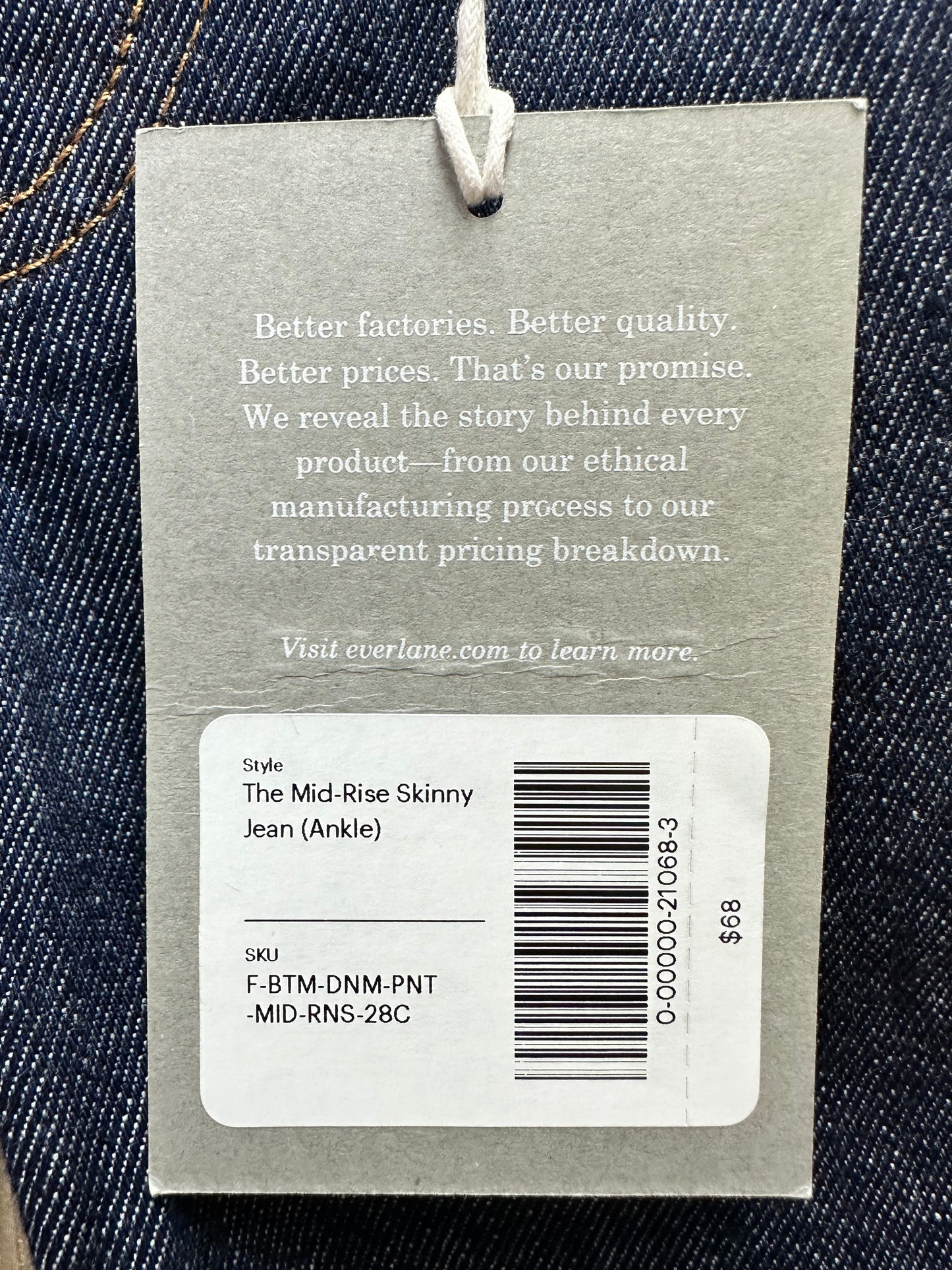 NWT - EVERLANE deep indigo Mid Rise Skinny Ankle Jeans - 28