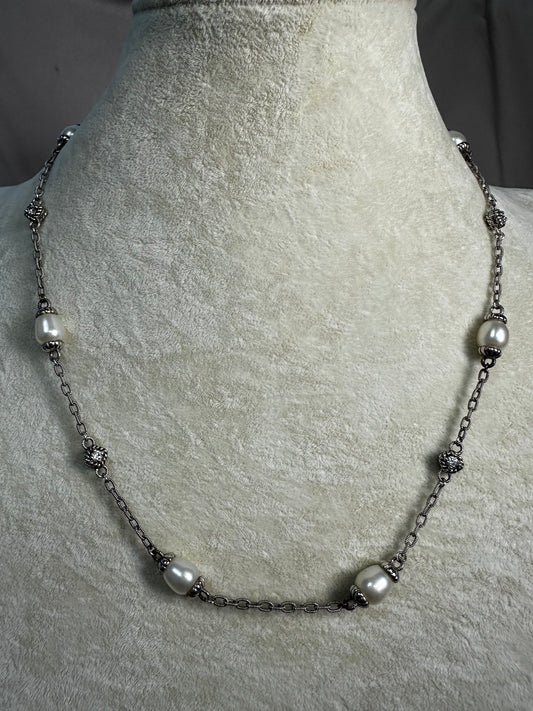 JUDITH RIPKA 925 Sterling Chain Link Pearl CZ Cubic Zirconia Necklace - 21.75"