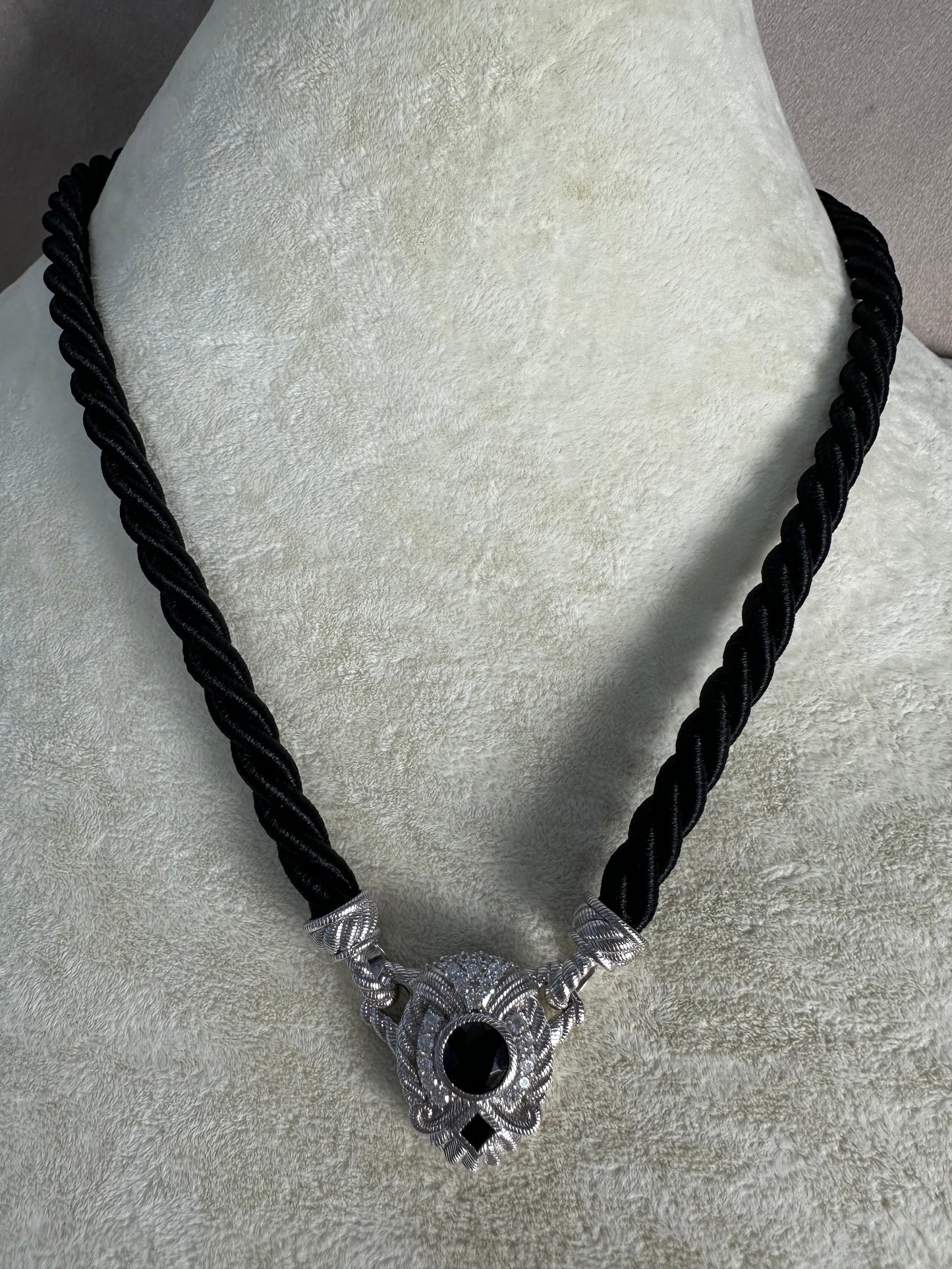 JUDITH RIPKA 925 Sterling Silver CZ Onyx Pendant Black Cord Necklace - 20"