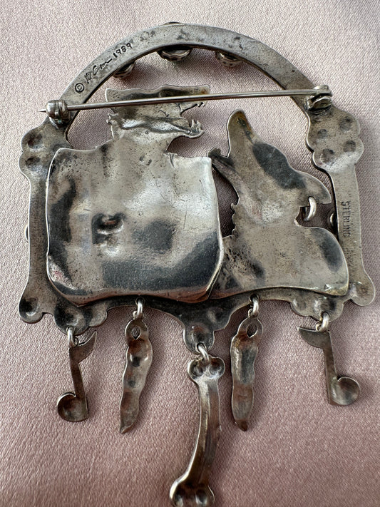 Vintage KIT CARSON 1989 Sterling Turquoise Coral Framed Wolf Couple Dangle Pin