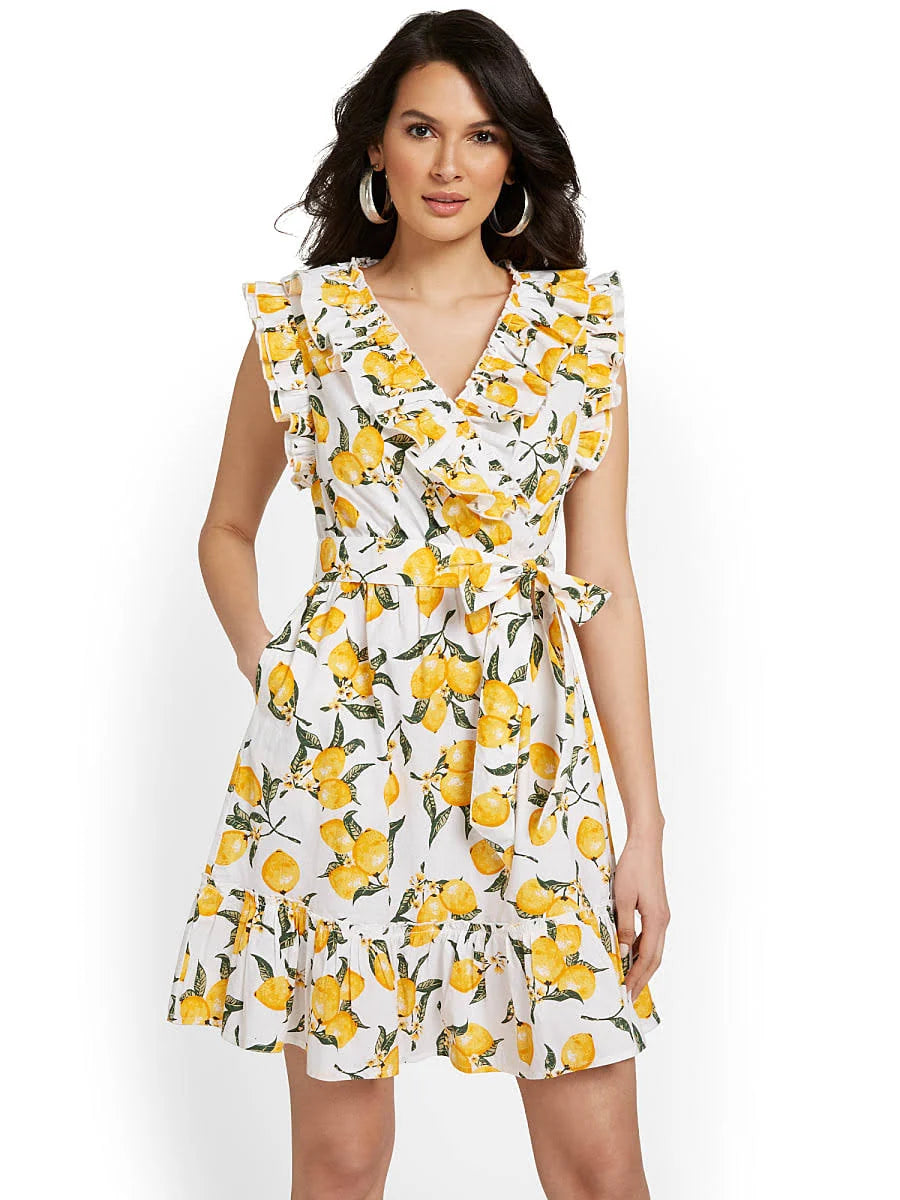 NWT - NEW YORK & COMPANY lemon print Sleeveless Ruffle Dress - Large