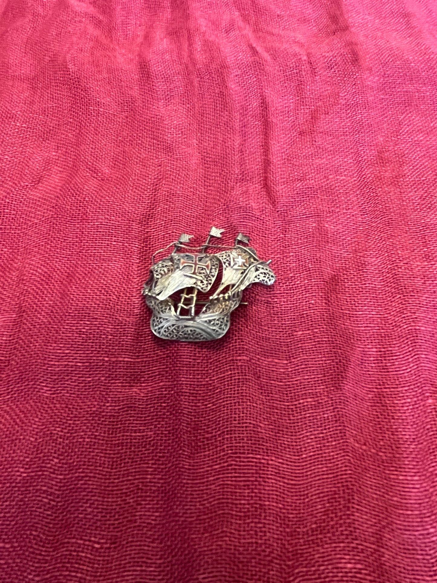 Vintage Sterling Filigree and Enamel Portuguese 3 Mast Galleon Ship Brooch