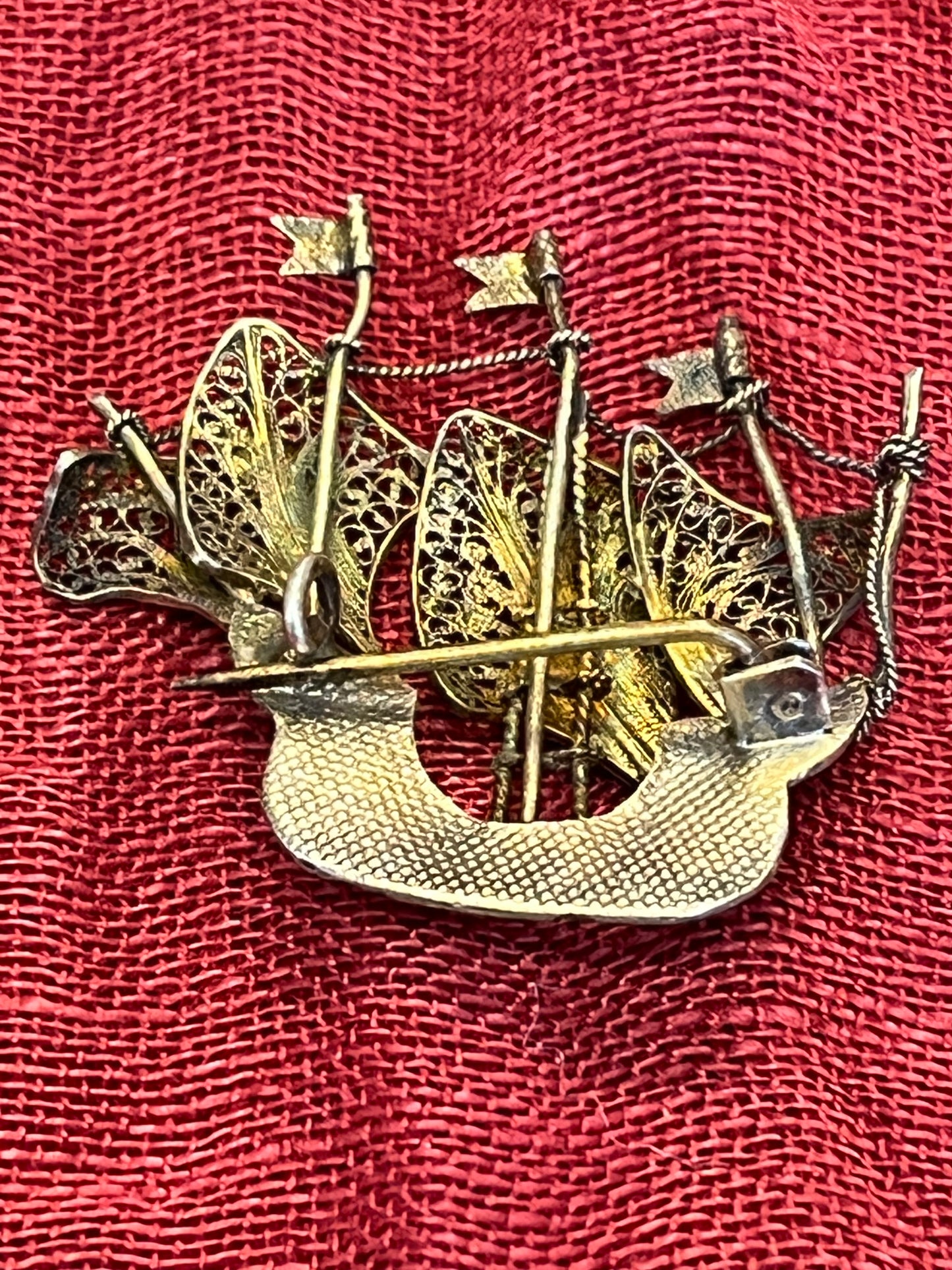 Vintage Sterling Filigree and Enamel Portuguese 3 Mast Galleon Ship Brooch
