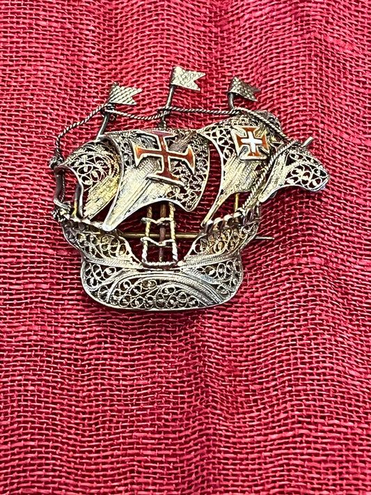 Vintage Sterling Filigree and Enamel Portuguese 3 Mast Galleon Ship Brooch