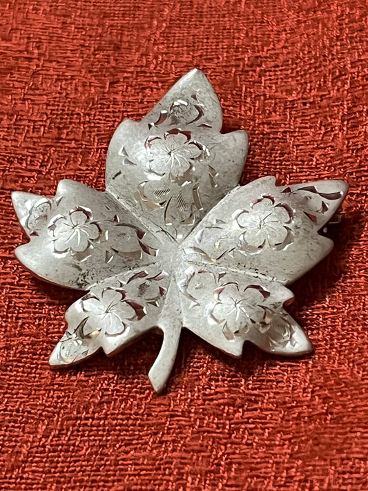Vintage Sterling Engraved Maple Leaf Pin