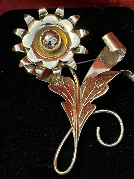 Vintage circa 1940s Napier Sterling Large Flower Brooch in Gold Vermeil