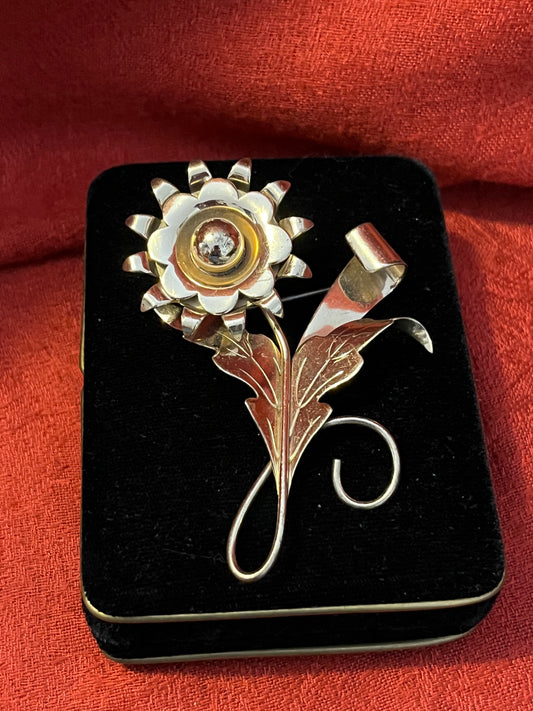 Vintage circa 1940s Napier Sterling Large Flower Brooch in Gold Vermeil