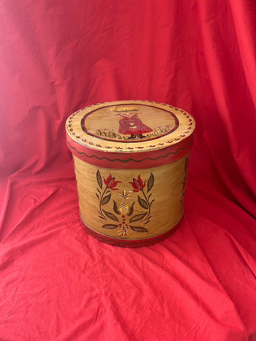 ANTIQUE -- Wooden Firken with Girl on Cover and Corn Designs on Edge