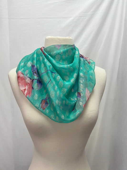 NWT -- Dolce & Gabbana Turquoise Silk Square Scarf with Floral Design