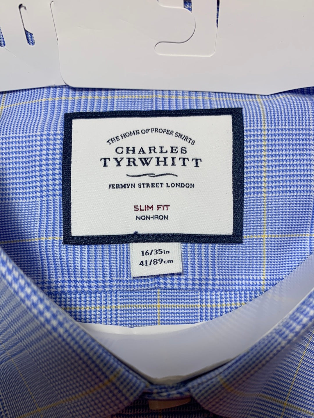 NEW - CHARLES TYRWHITT blue Prince of Whales Check Slim Fit Non-Iron Shirt - 16 35