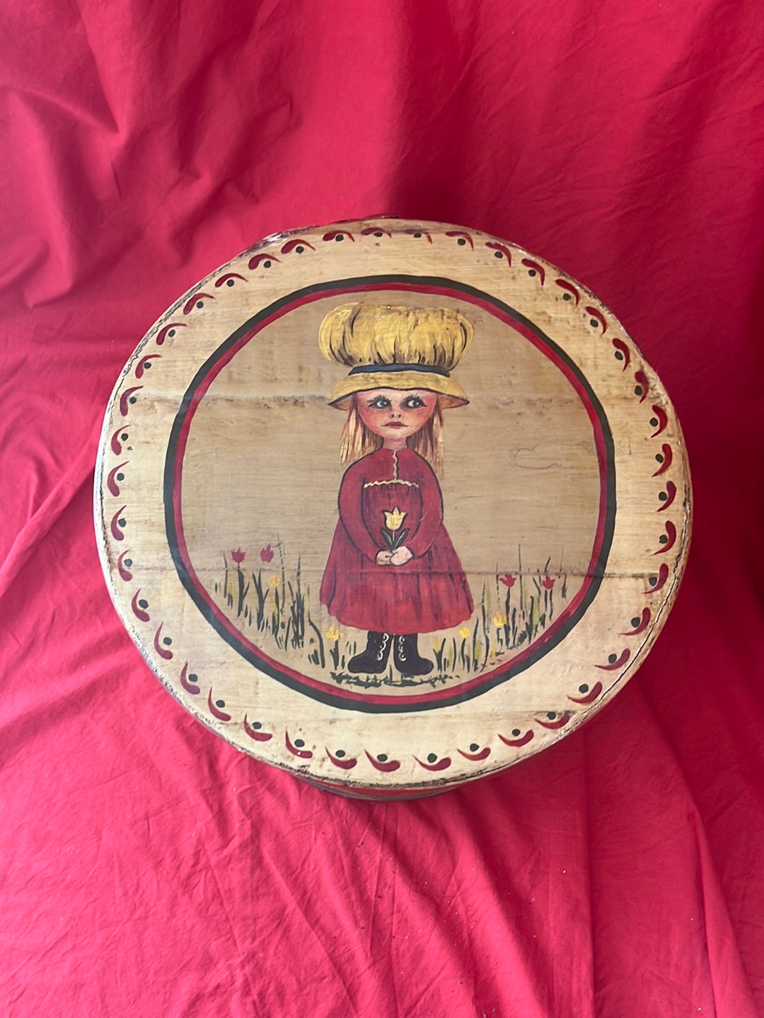 ANTIQUE -- Wooden Firken with Girl on Cover and Corn Designs on Edge