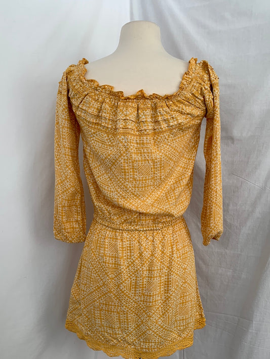 NWT - ROXY gold yellow print 3/4 Sleeve Dress - XS