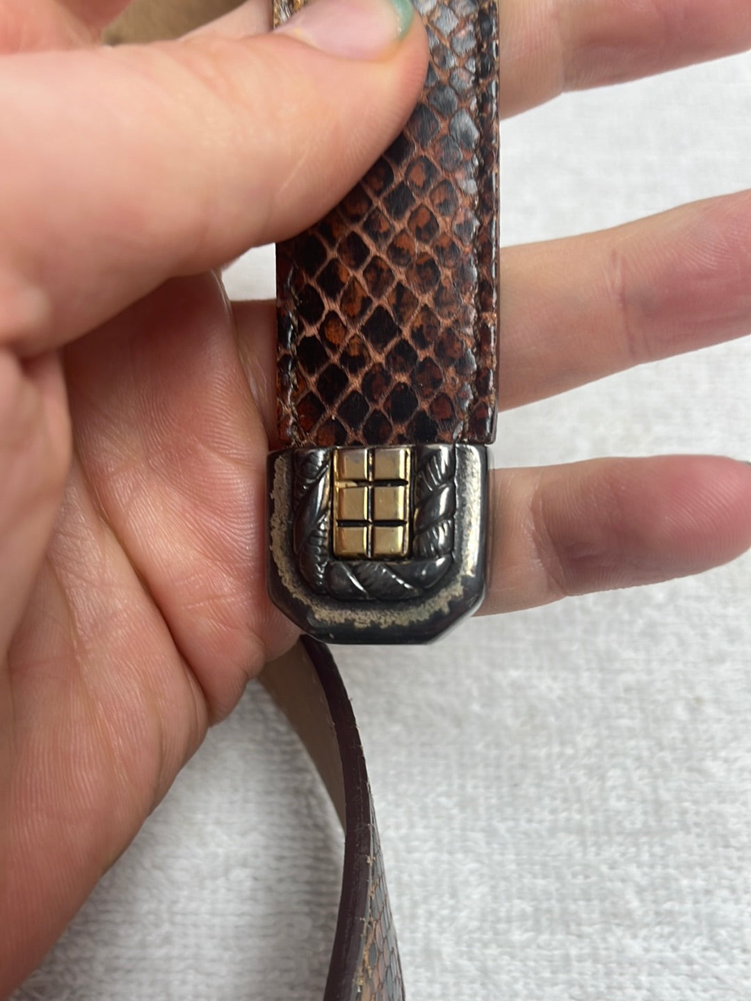 STREETS AHEAD Snakeskin Print Leather Belt with Vintage Italian Buckle -- Size M