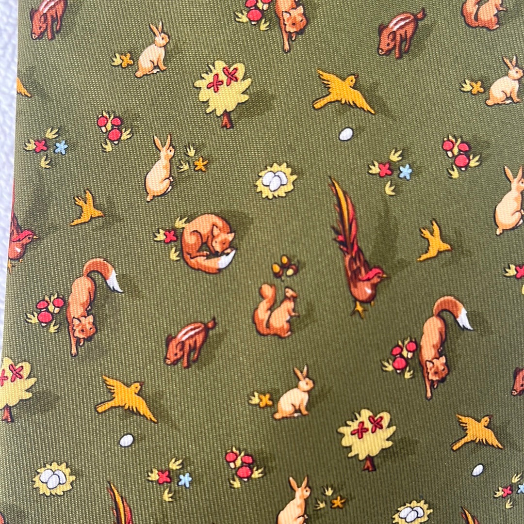 Salvatore Ferragamo Olive Silk Tie with Tesselating Wildlife Pattern