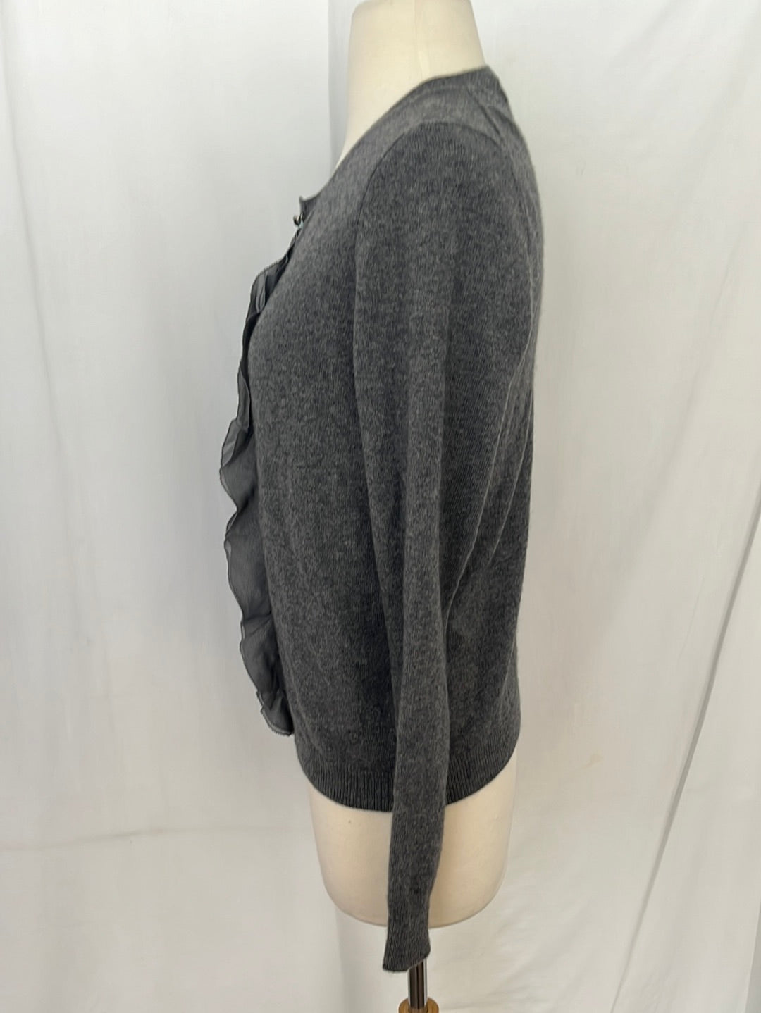 ANN TAYLOR Women's Grey Cashmere Cardigan w/ Rhinestone Buttons and Ruffle Trim -- Size S