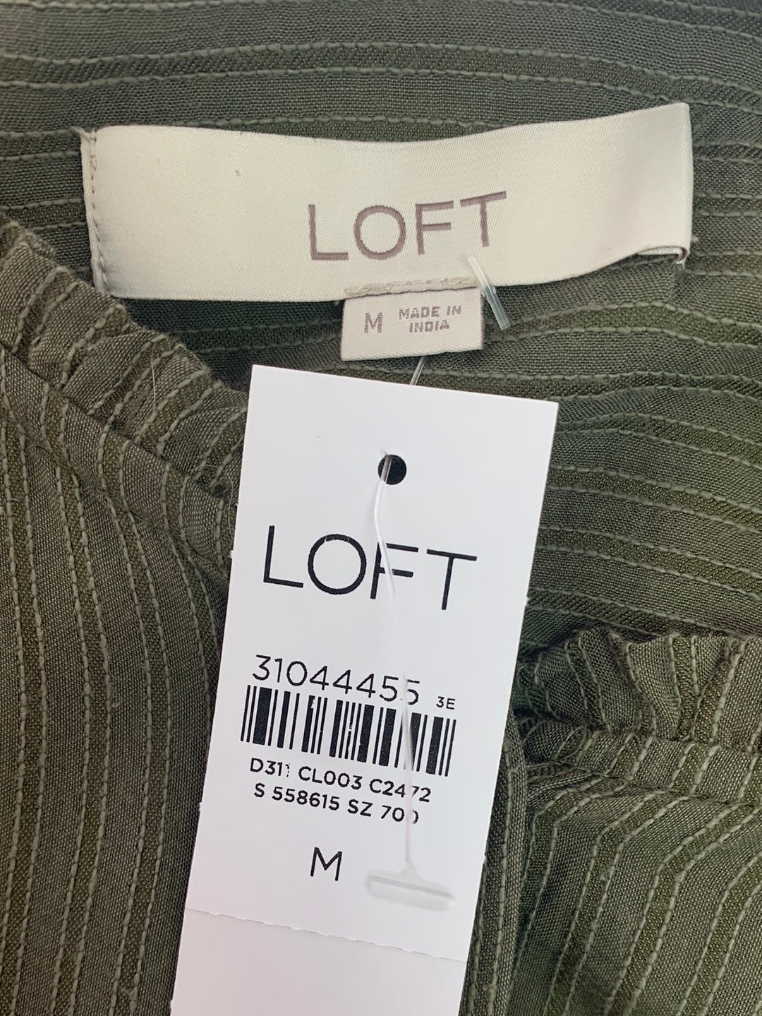 NWT - LOFT olive green stripe Sheer Puff Sleeve Button Up Blouse - Medium