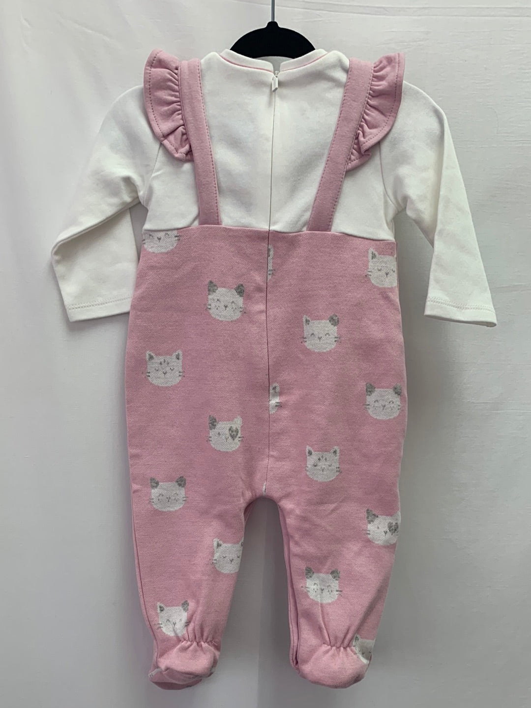NWT - MAYORAL pink white cat print One Piece Long Sleeve Romper & Hat - 2-4 mo