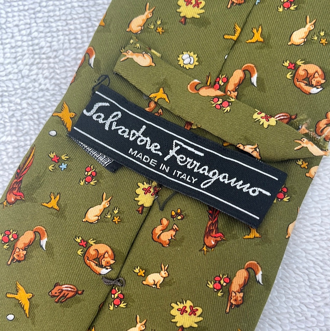 Salvatore Ferragamo Olive Silk Tie with Tesselating Wildlife Pattern