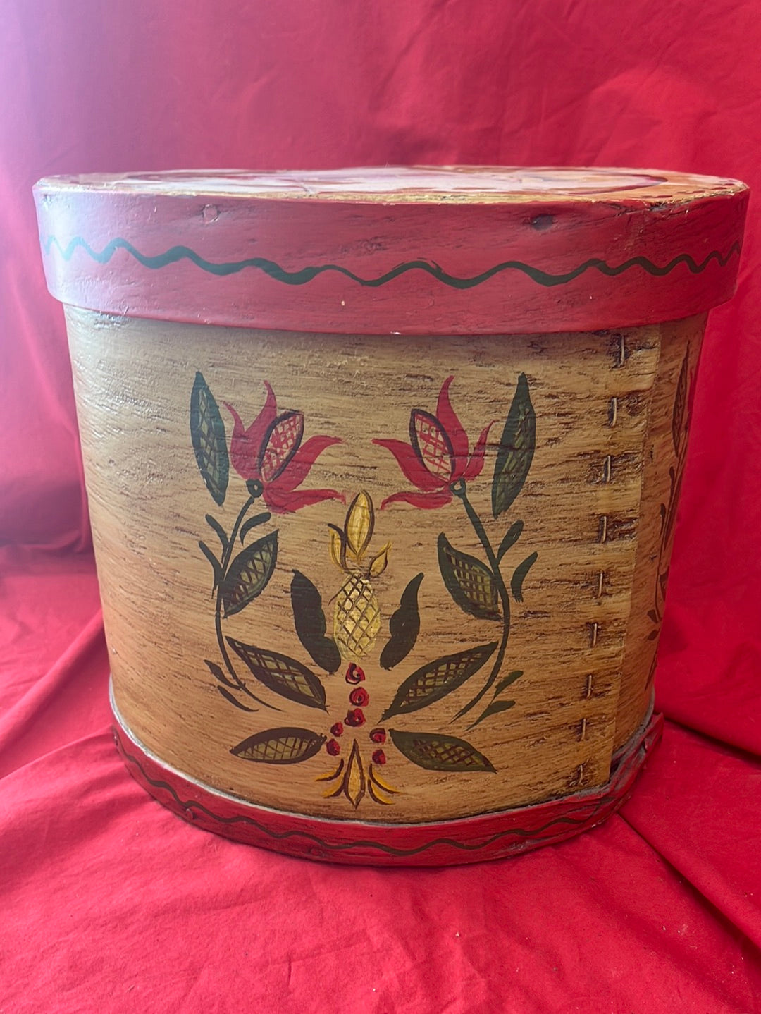 ANTIQUE -- Wooden Firken with Girl on Cover and Corn Designs on Edge