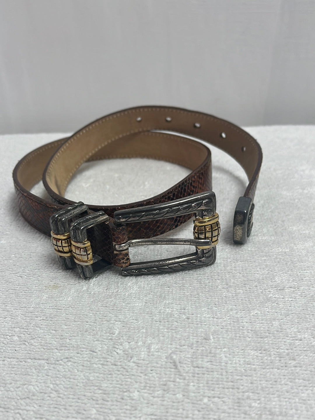 STREETS AHEAD Snakeskin Print Leather Belt with Vintage Italian Buckle -- Size M