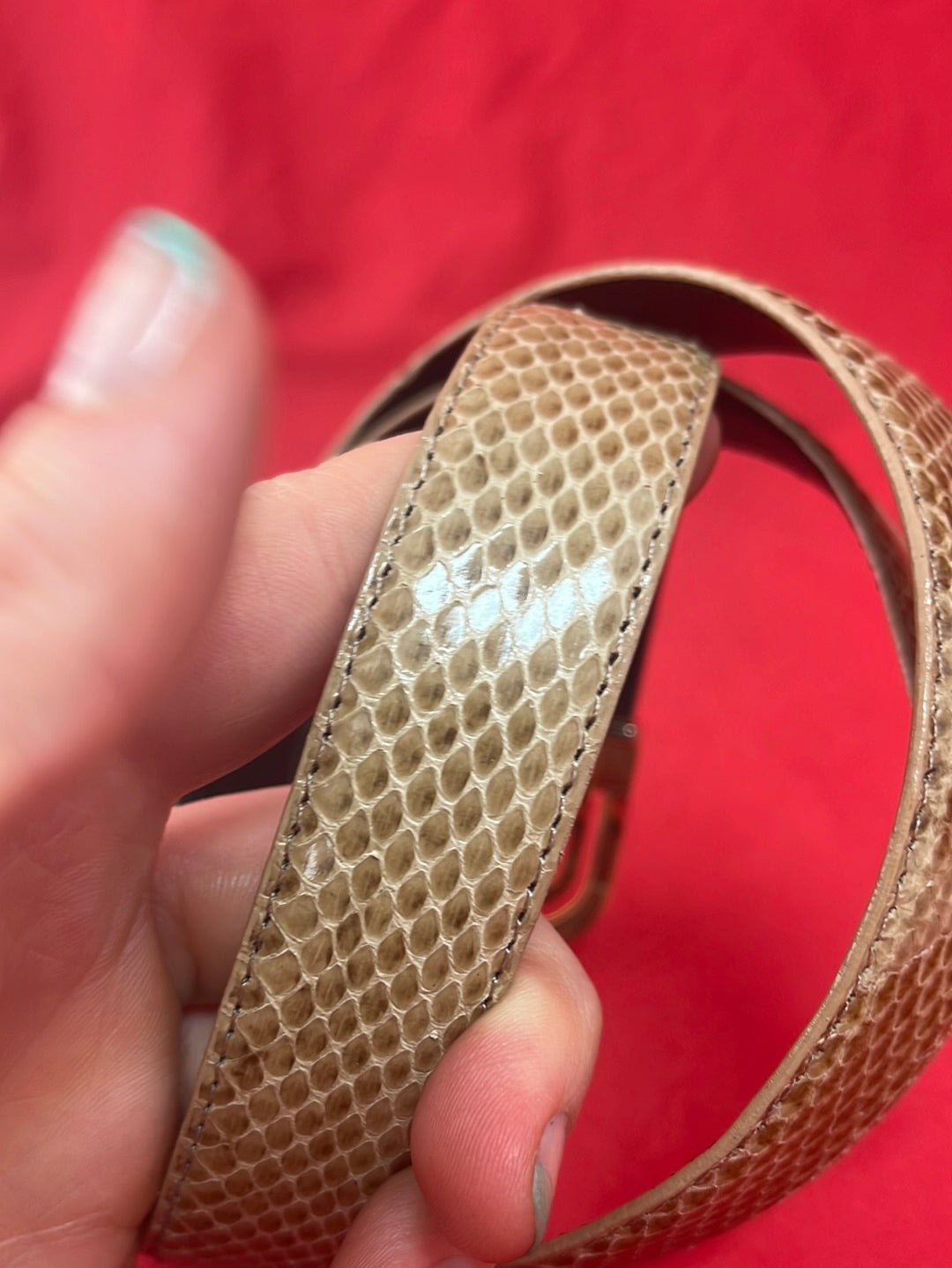 VTG -- Olive Snakeskin on Leather Thin Belt with Retro Buckle